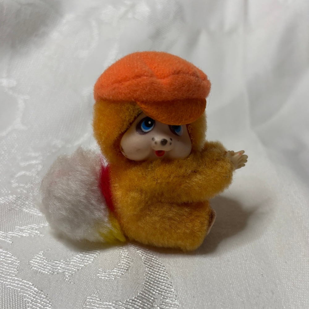 Vintage Monchhichi Style Monkey Pencil Hugger Clip Orange Hat Fluffy Tail Bell